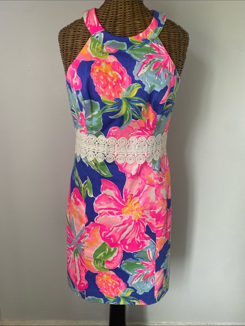 Lilly Pulitzer Pink and Blue Floral Sheath Dress with Cream Lace Waist